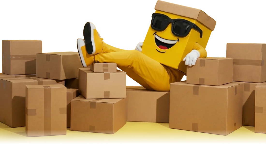 Boxo reclining happily on a pile of neatly stacked boxes