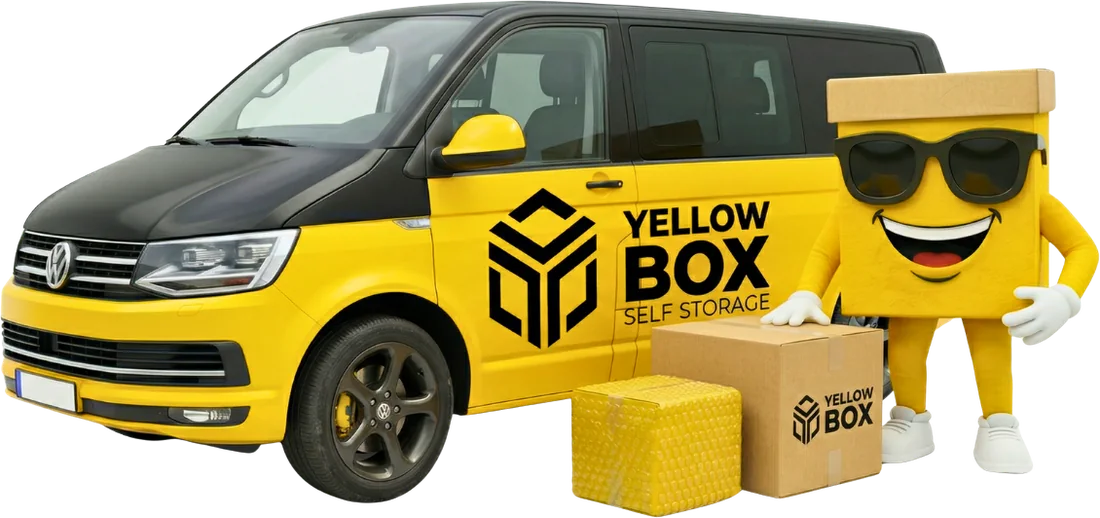 Boxo beside the Yellowbox branded van